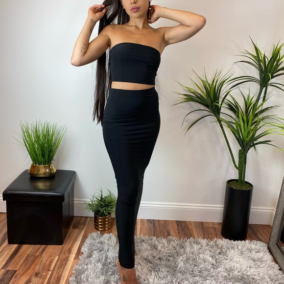‼️ Black Maxi Pencil Skirt Strapless Crop Top Set - Picture 3 of 8